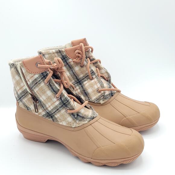 Sperry Saltwater Plaid Wool Duck Boots Tan Waterproof Winter women's size 8 - Picture 3 of 9
